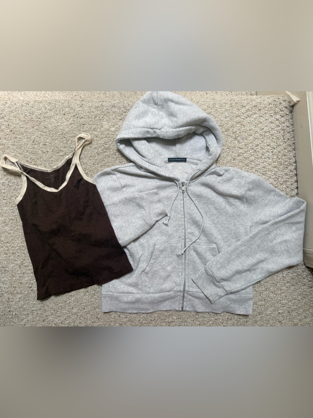 Brandy Melville light gray zip hoodie and dark brown tank with cream lace trim